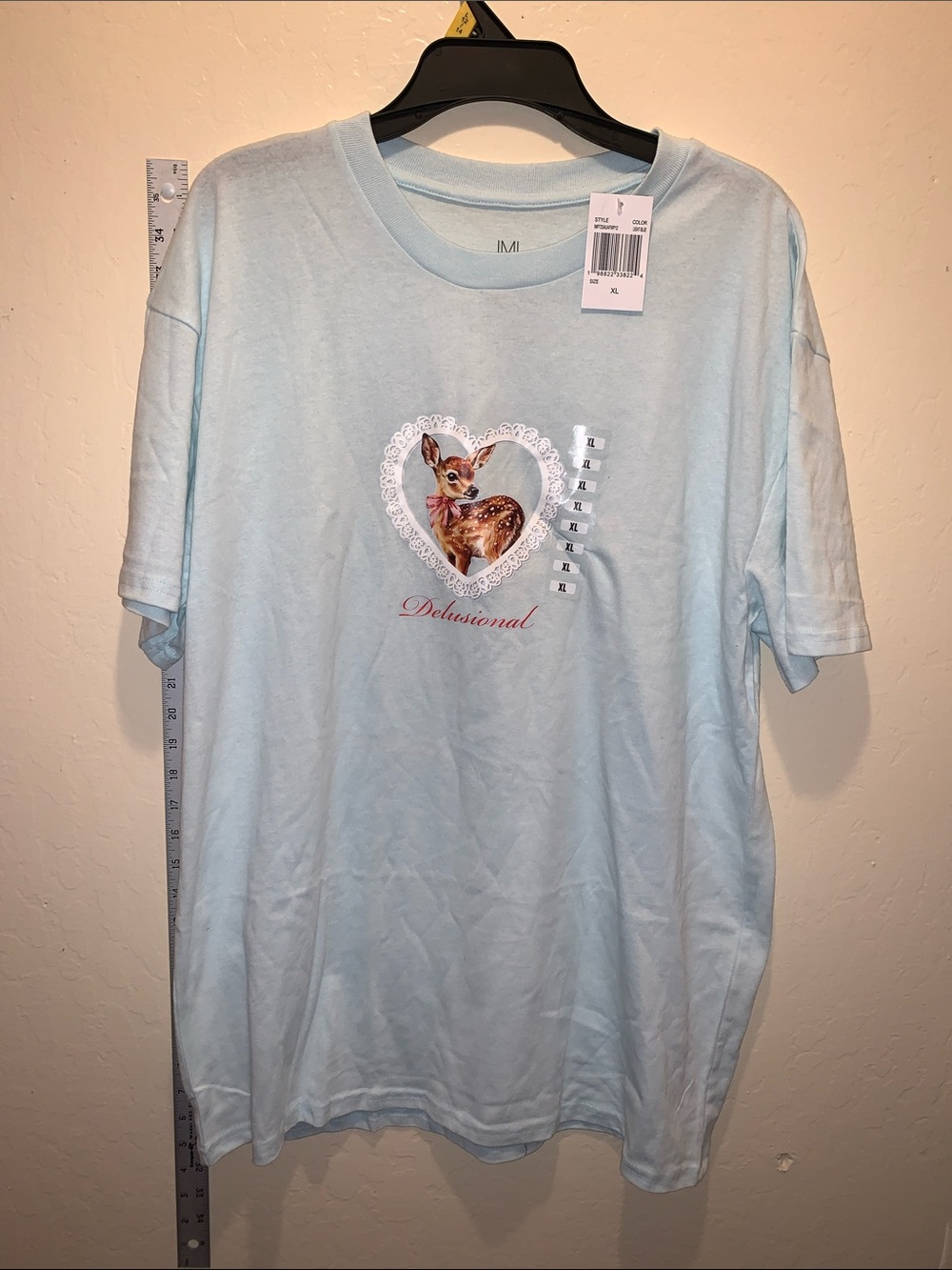 Delusional Light Blue Short Sleeve Tee with Fawn Heart Graphic NWT